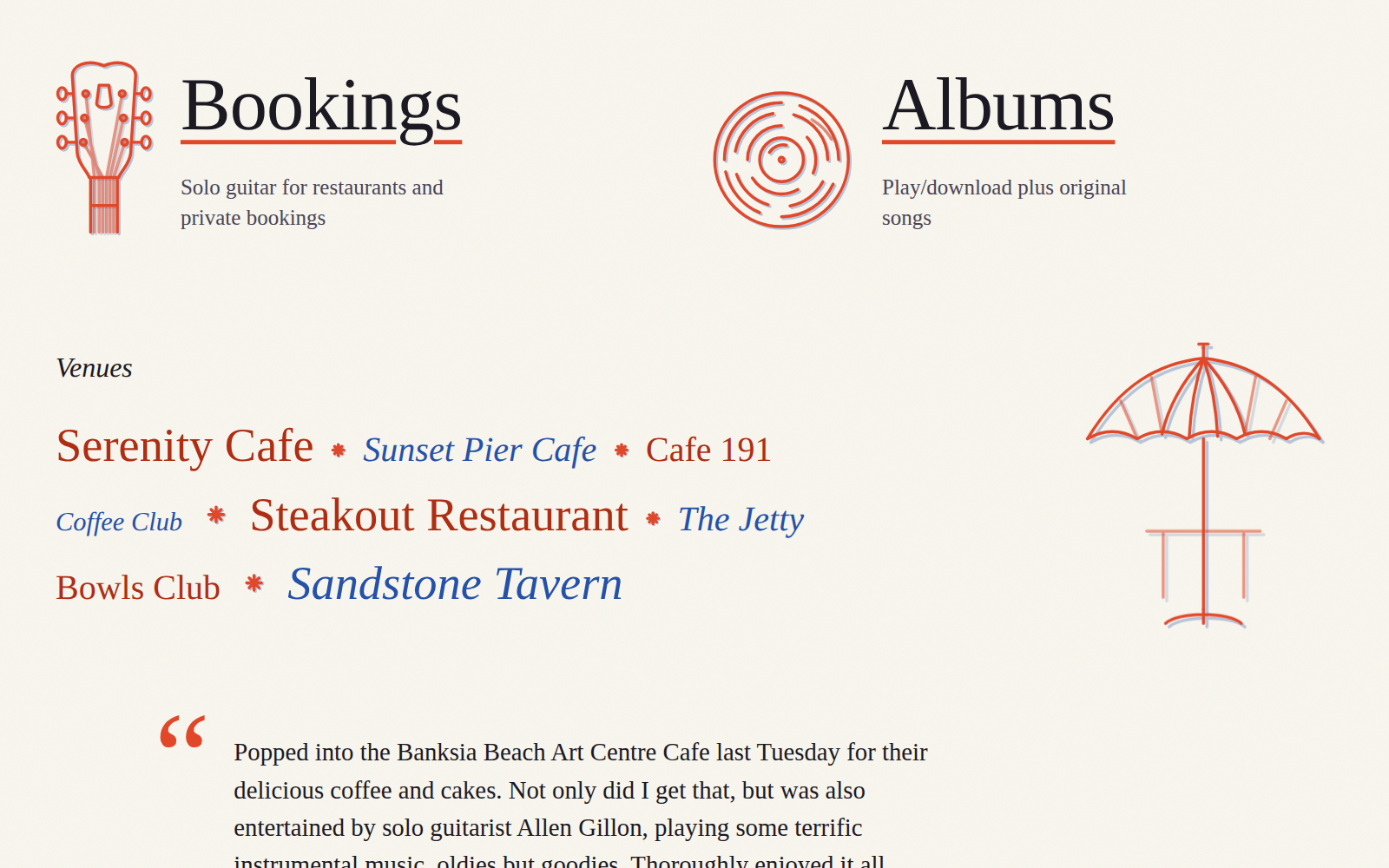 Bookings and Albums sections with hand-drawn guitar and record icons, and a list of venues he plays.