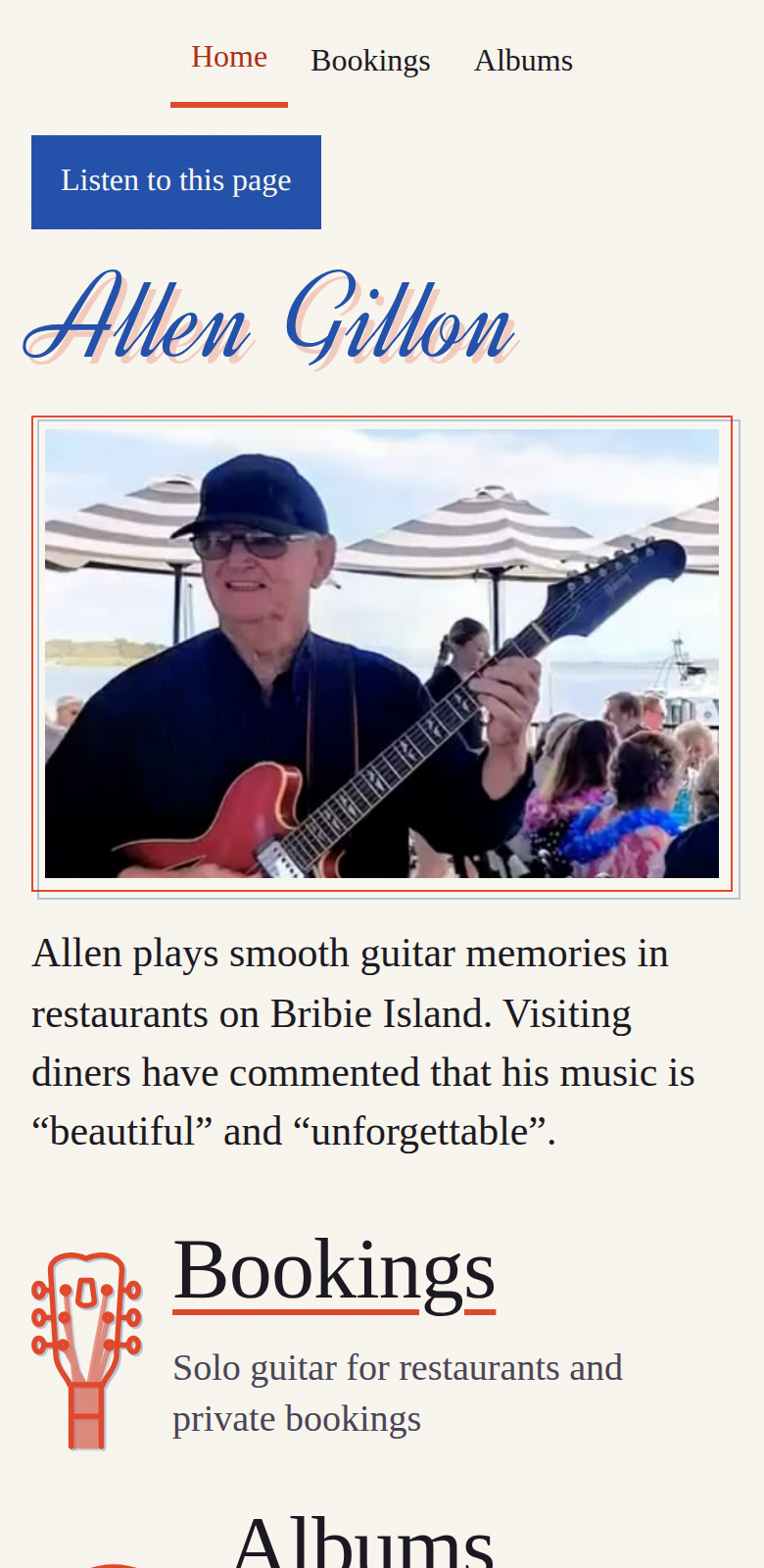 Allen Gillon’s home page on a phone: the Listen to this page button, his name, his photo and a short introduction.