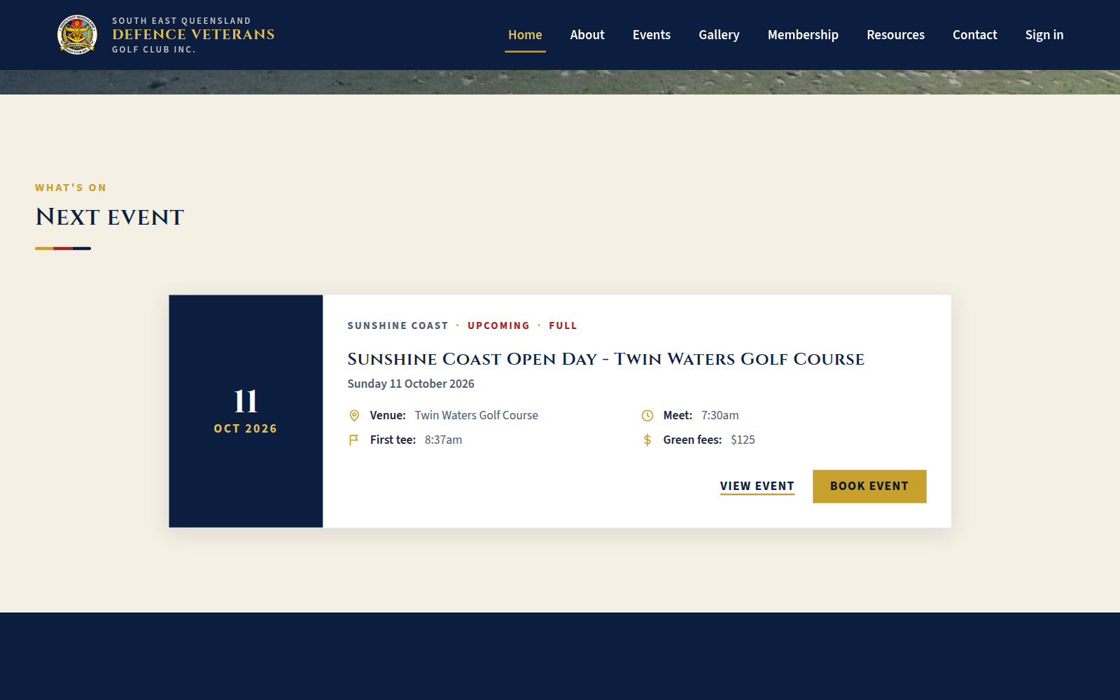 The “Next event” card on desktop: date, venue, meeting time, first tee and green fees, with View event and Book event buttons.